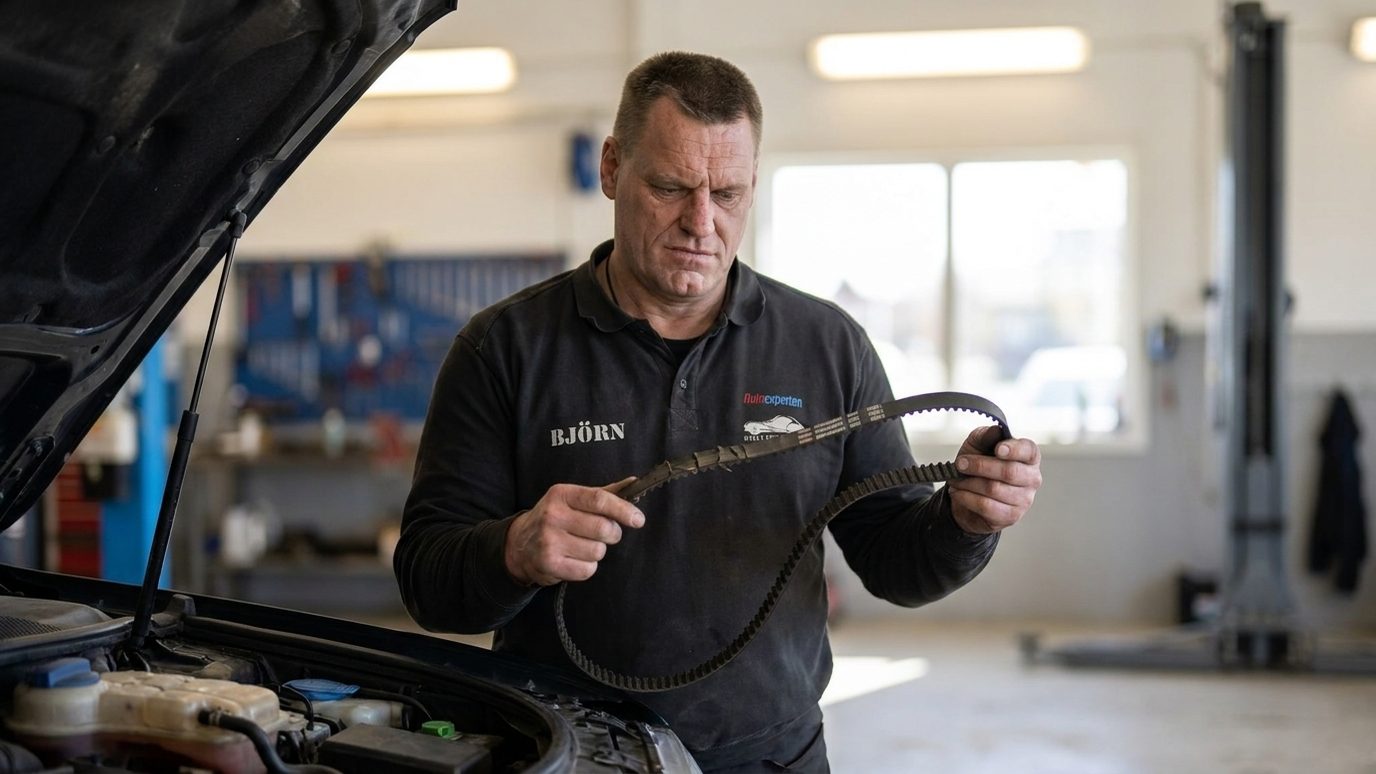 Björn håller upp en gammal kamrem bredvid en ny vid en öppen motor i verkstaden