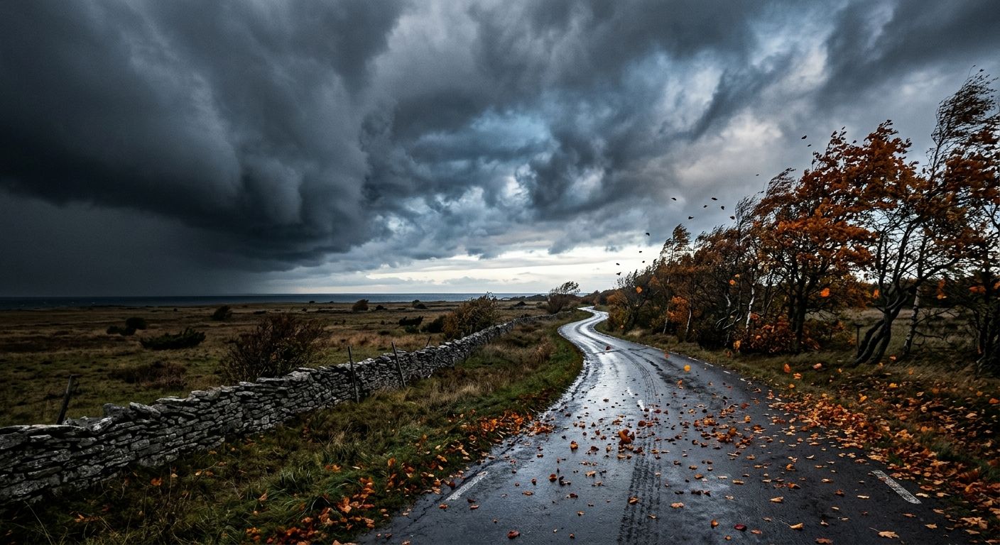 Höststorm över norra Öland — blöt väg, ölandsmur och gulröda träd