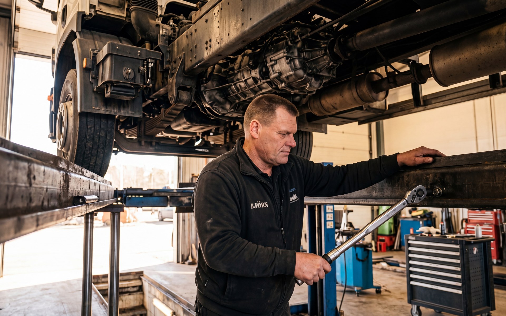 Lastbil i den stora verkstadshallen hos Källa Fordonservice