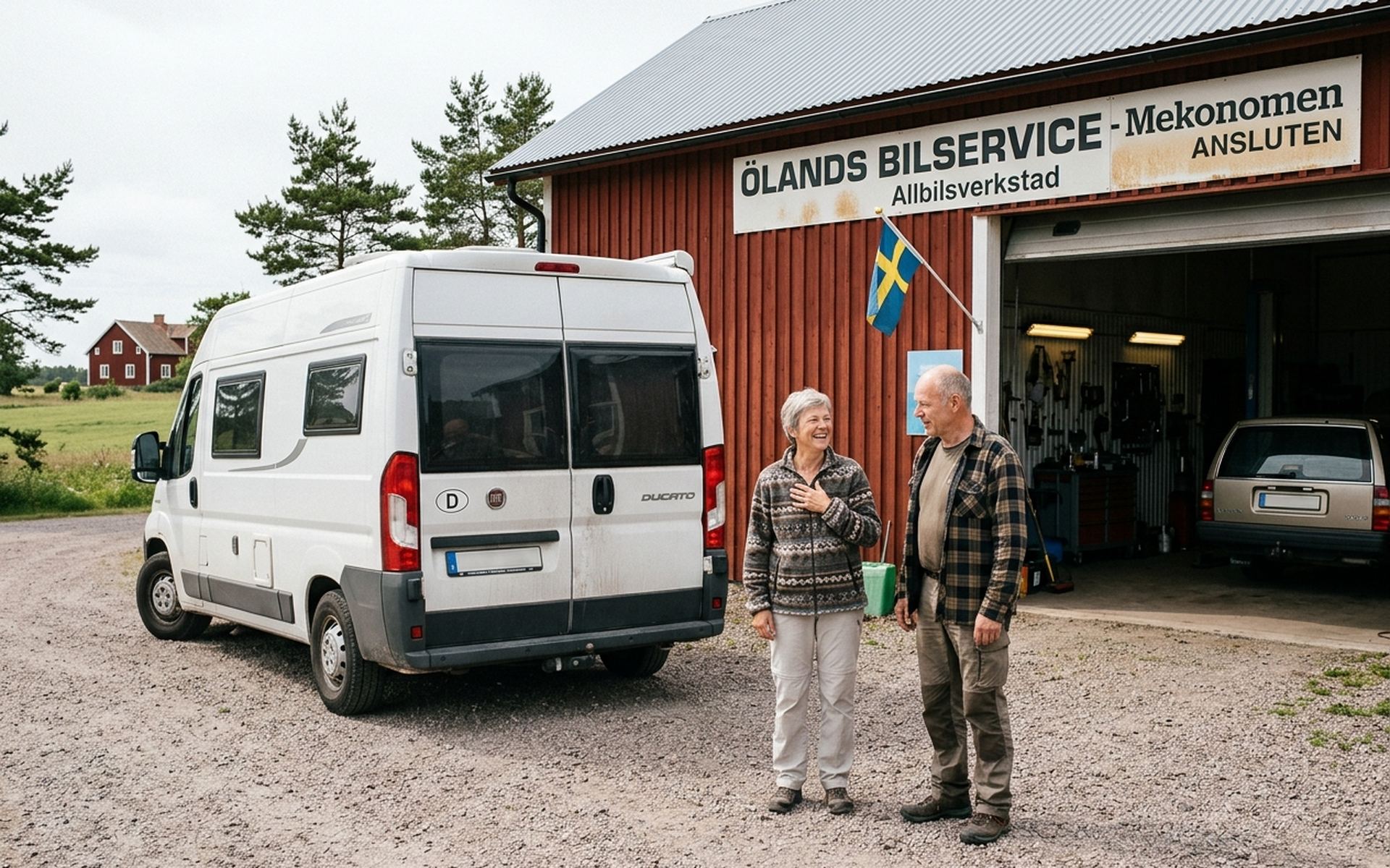 Stor vit husbil parkerad utanför Källa Fordonservice i Löttorp.