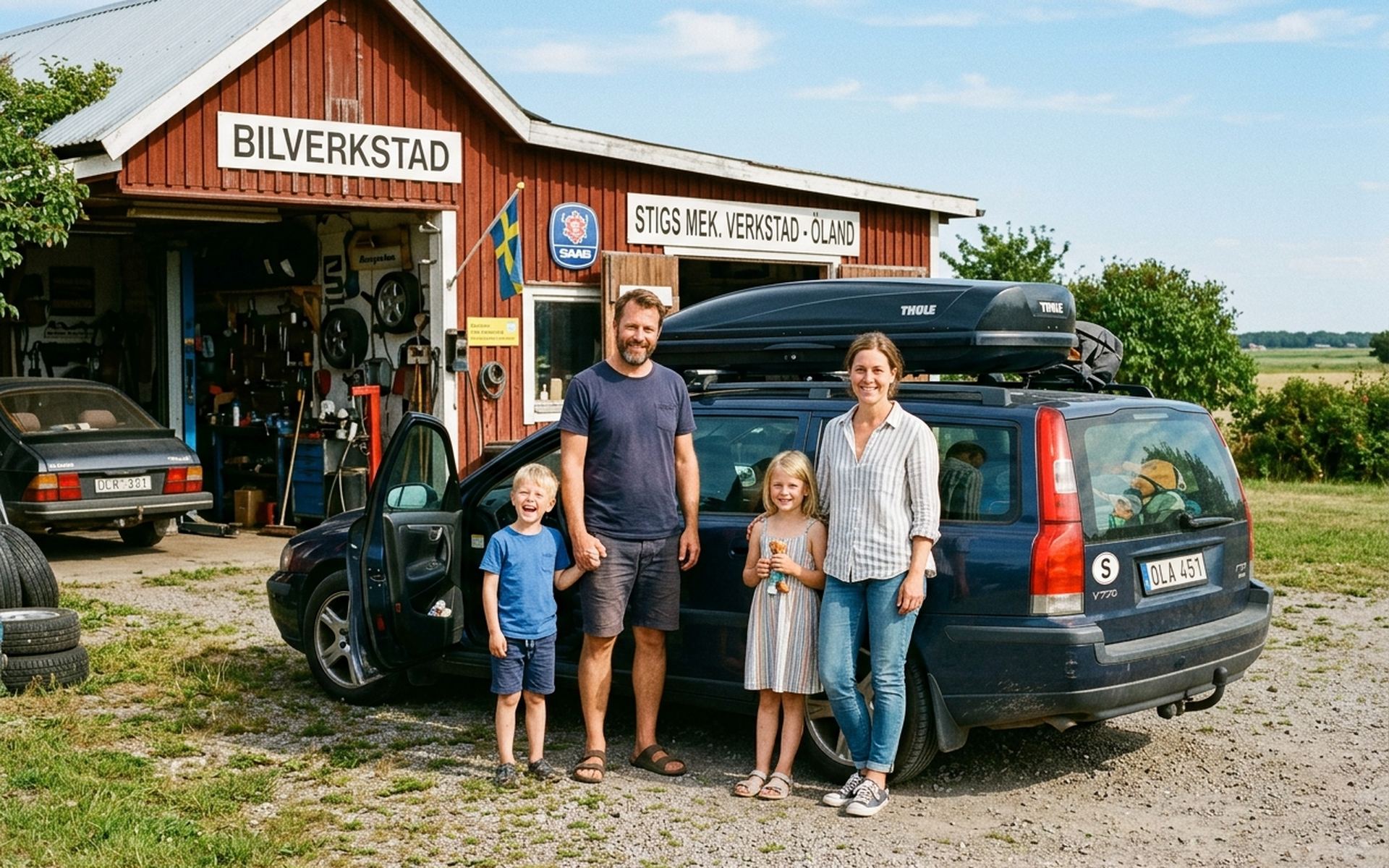 Familj lastar kombin utanför verkstaden medan Björn och Nauris diskuterar servicen.
