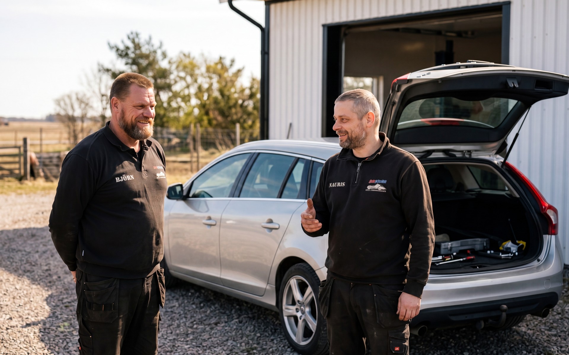 Kund i samtal med Björn och Nauris bredvid sin Volvo V60 utanför verkstaden.
