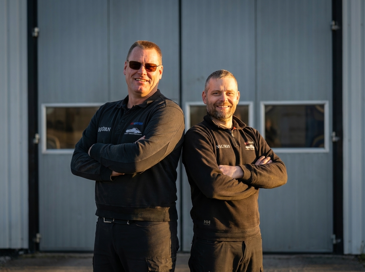 Björn och Nauris framför Källa Fordonservice